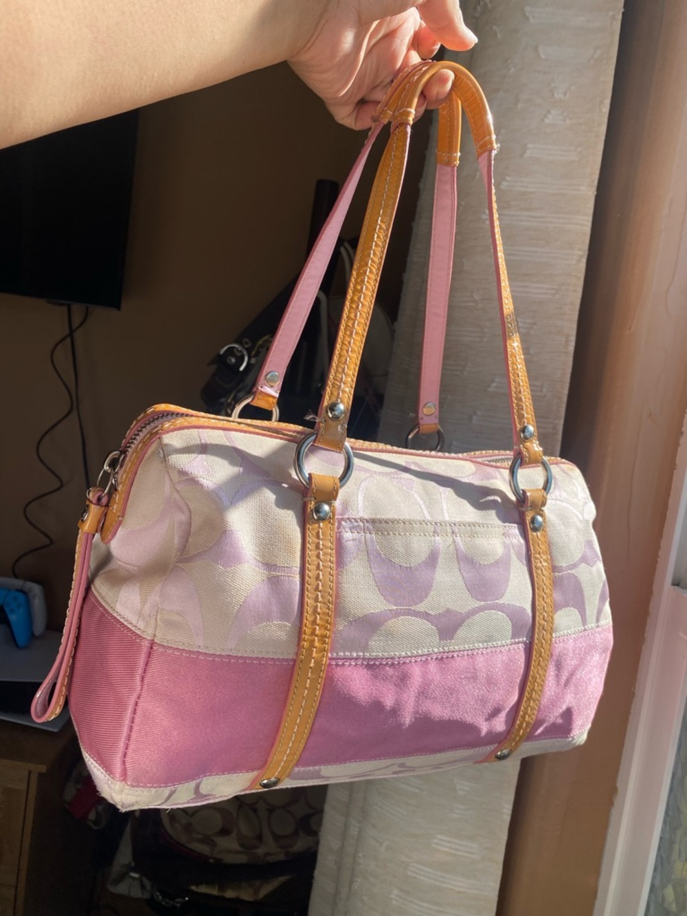 Coach Baby Pink Signature Stripe Canvas Satchel - Picture 2 of 7